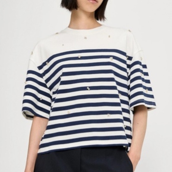 NEW NWT Sandro Sailor Strauss Striped Tee White and Blue with stones size M - Picture 3 of 5